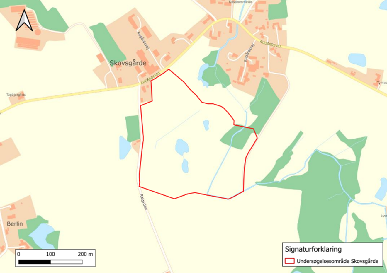 Undersøgelsesområdet for forundersøgelsen af et muligt vådområdeprojekt ved Skovsgårde