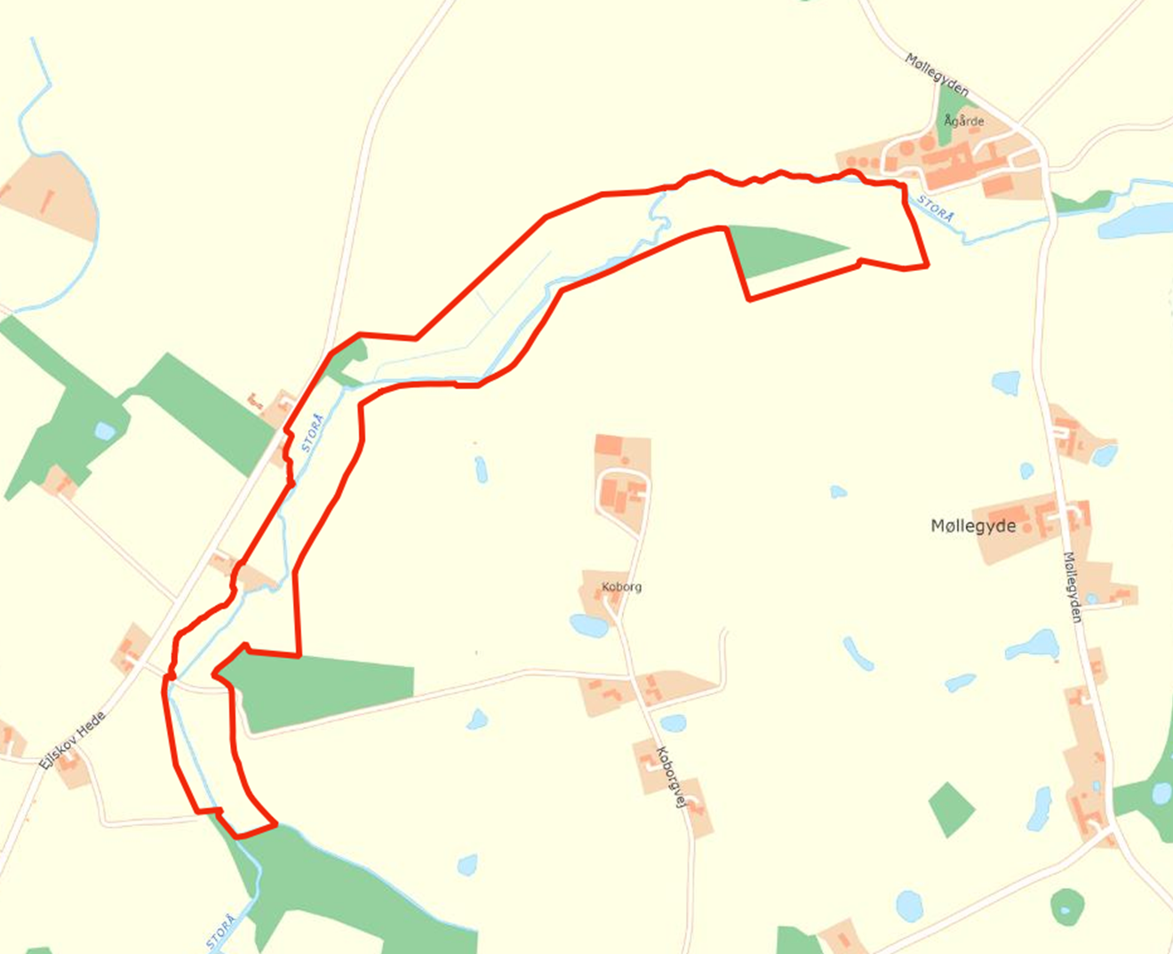 Figur 1 Projektområdet for et lavbundsprojekt ved Ågårde (markeret med rødt)