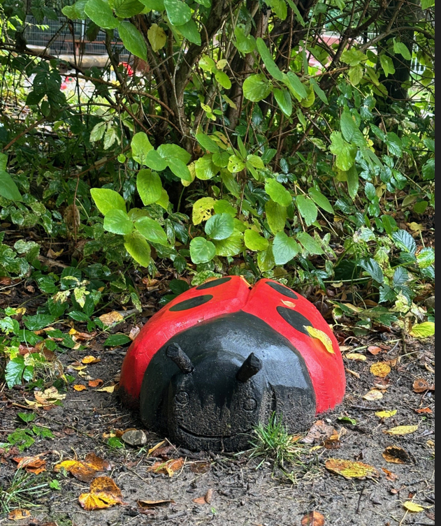 Træskulptur af mariehøne tæt på