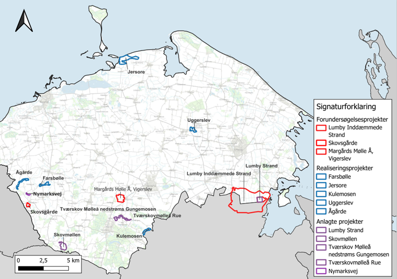 Oversigtskort med optegning af vådområde- og lavbundsindsatser i Nordfyns Kommune. Det er angivet hvilke områder, der er forundersøgelsesprojekter, realiseringsprojekter og anlagte projekter